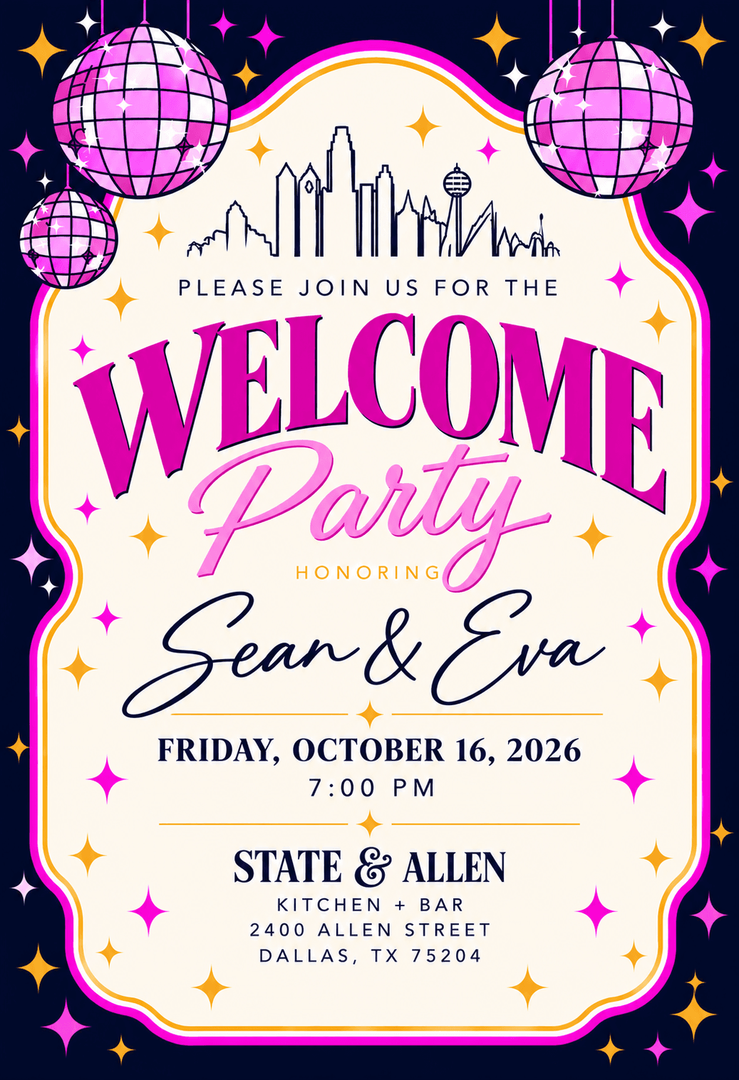 Welcome Party invitation honoring Sean & Eva, with pink disco balls and the Dallas skyline